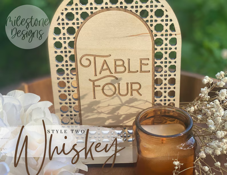 Rattan Wedding Table Numbers, Boho Rattan Cane Centerpiece, Boho Table Numbers, Wood Rattan Number with Stand Double Sided