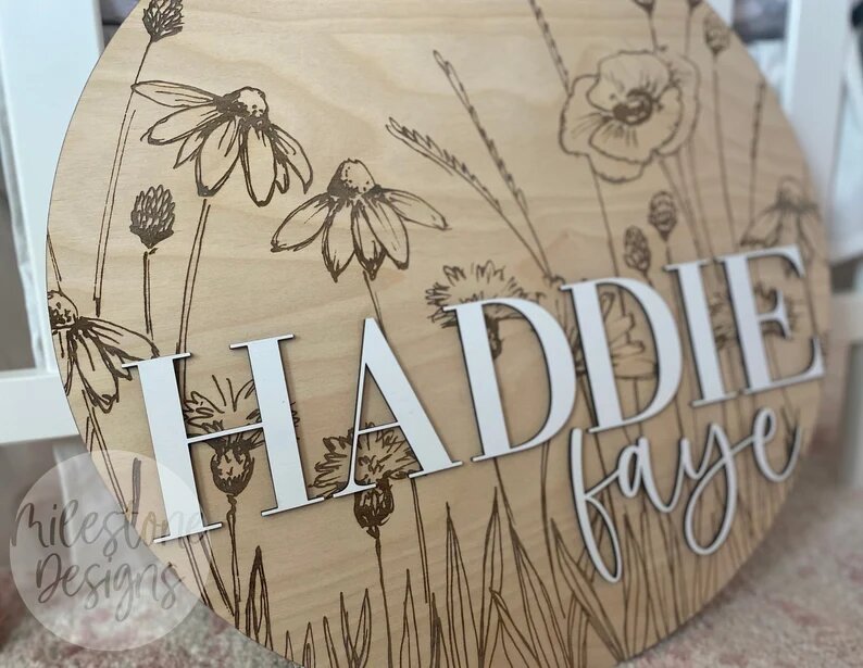 Wildflower Nursery Name Sign, Wood Wildflower Baby Name Sign, Engraved Wildflower Nursery Name Sign