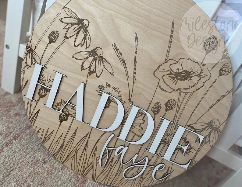 Wildflower Nursery Name Sign, Wood Wildflower Baby Name Sign, Engraved Wildflower Nursery Name Sign