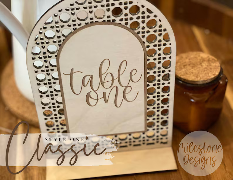 Rattan Wedding Table Numbers, Boho Rattan Cane Centerpiece, Boho Table Numbers, Wood Rattan Number with Stand Double Sided