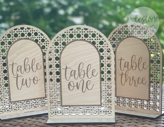 Rattan Wedding Table Numbers, Boho Rattan Cane Centerpiece, Boho Table Numbers, Wood Rattan Number with Stand Double Sided