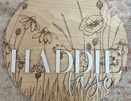 Wildflower Nursery Name Sign, Wood Wildflower Baby Name Sign, Engraved Wildflower Nursery Name Sign