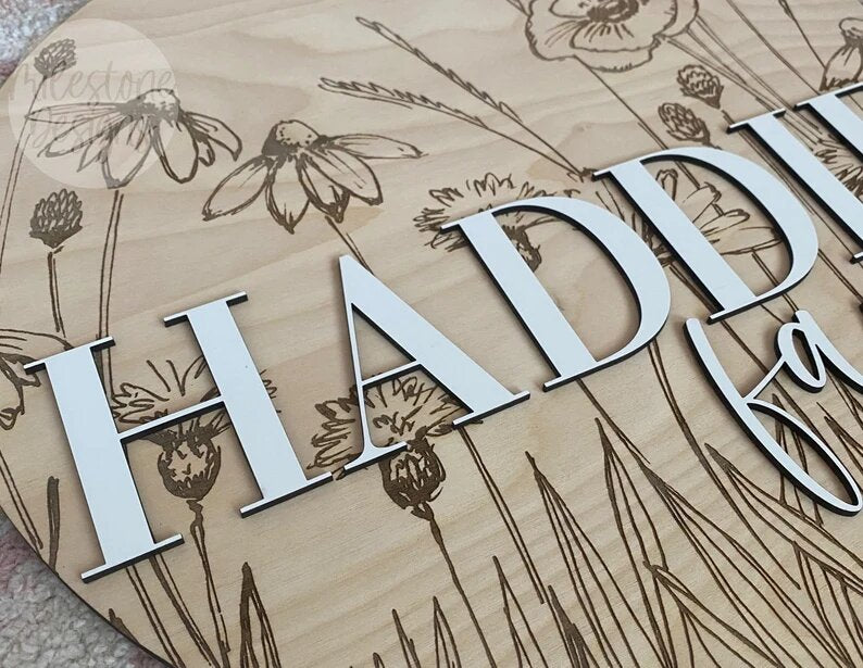 Wildflower Nursery Name Sign, Wood Wildflower Baby Name Sign, Engraved Wildflower Nursery Name Sign