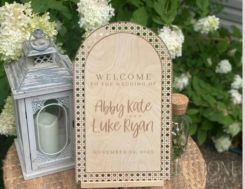 Rattan Wedding Welcome Sign Arched Wood Boho Wedding Sign Rattan Cane Wedding Sign Rattan Bridal Shower Sign, Rattan Baby Shower Welome Sign