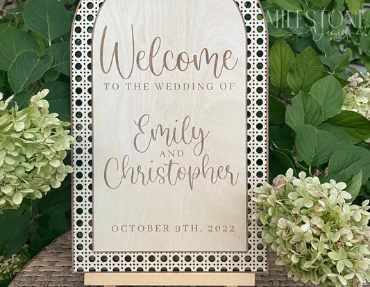 Rattan Wedding Welcome Sign Arched Wood Boho Wedding Sign Rattan Cane Wedding Sign Rattan Bridal Shower Sign, Rattan Baby Shower Welome Sign