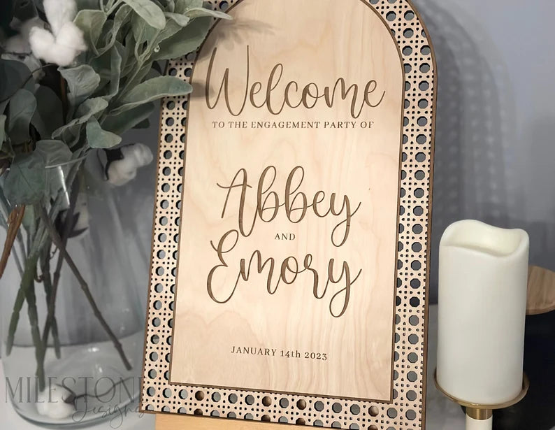 Rattan Wedding Welcome Sign Arched Wood Boho Wedding Sign Rattan Cane Wedding Sign Rattan Bridal Shower Sign, Rattan Baby Shower Welome Sign