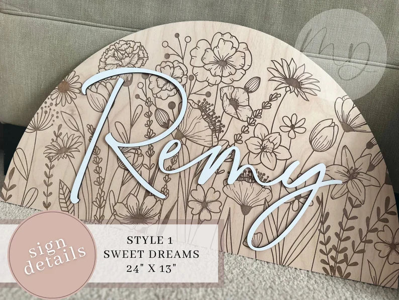 Arched Wildflower Nursery Wall Sign Floral Engraved Nursery Name Sign Baby Girl Name Sign