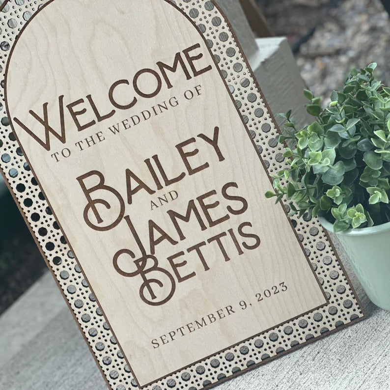 Rattan Wedding Welcome Sign Arched Wood Boho Wedding Sign Rattan Cane Wedding Sign Rattan Bridal Shower Sign, Rattan Baby Shower Welome Sign