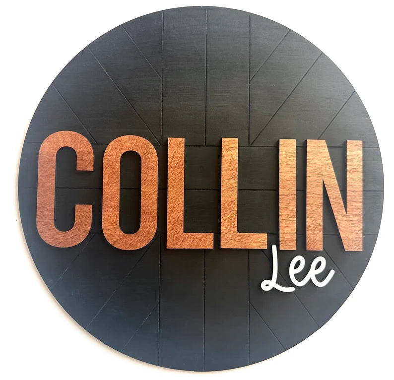 Round Modern Nursery Name Sign Black with Wood Grain Letters