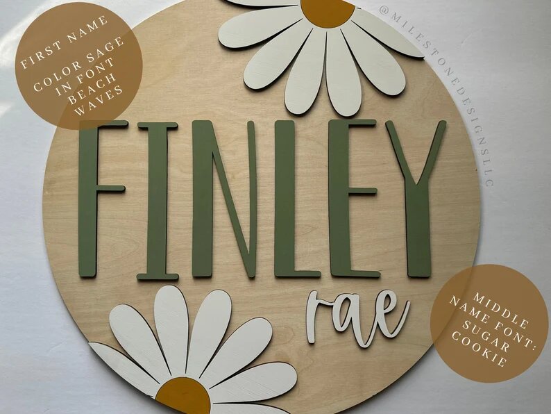 Daisy Nursery Name Sign Daisy Wall Sign Retro Floral Nursery Decor Circle Layered Boho Name Sign